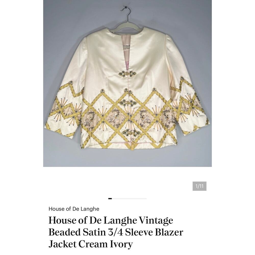 House of De Langhe Vintage Beaded Satin 3/4 Sleeve Blazer Jacket Cream Ivory S